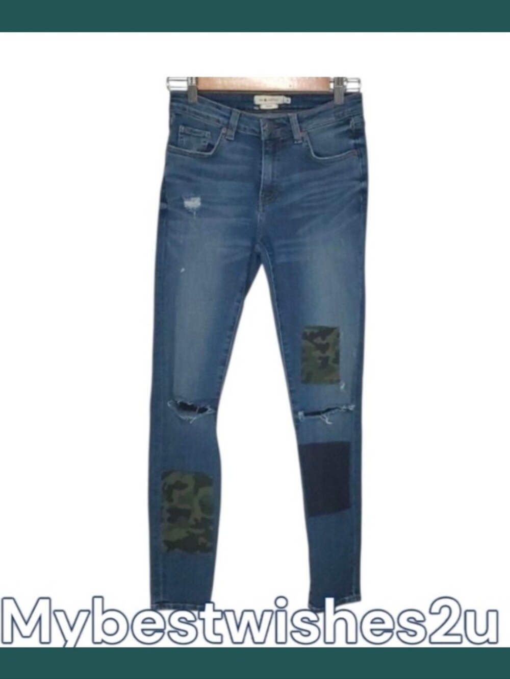 Mm Vintage jeans women's size 2 blue camo patchwork patches ripped holes Grunge